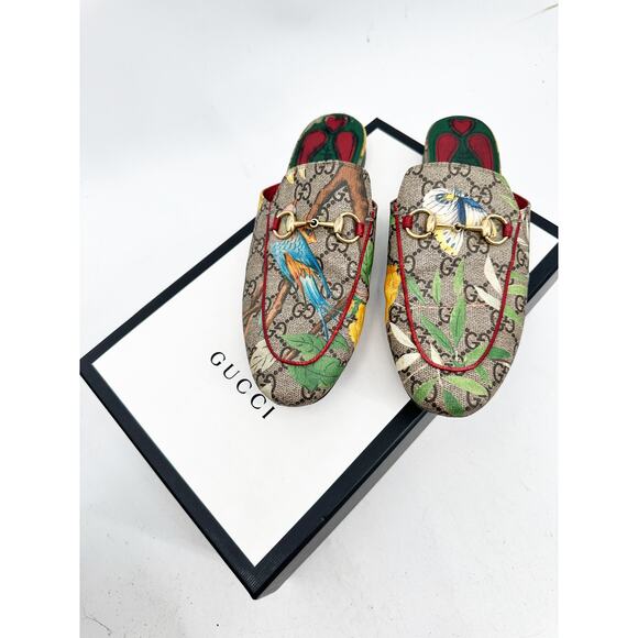 Gucci Princetown Gold Horsebit Tian GG Monogram Bird Print Canvas Mules Size 37 - Picture 1 of 6